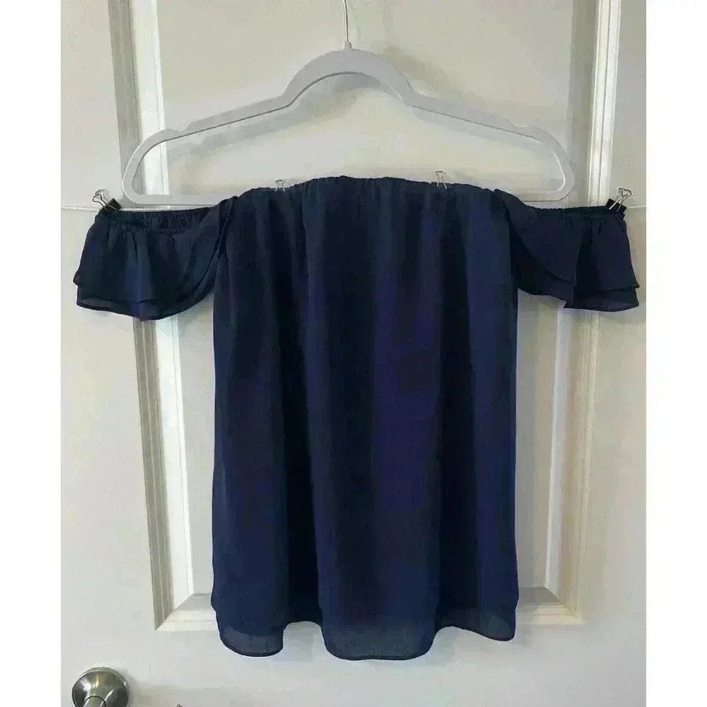 NWT Krisa Drape Top Off Shoulder Size Medium Navy Lightweight Chiffon